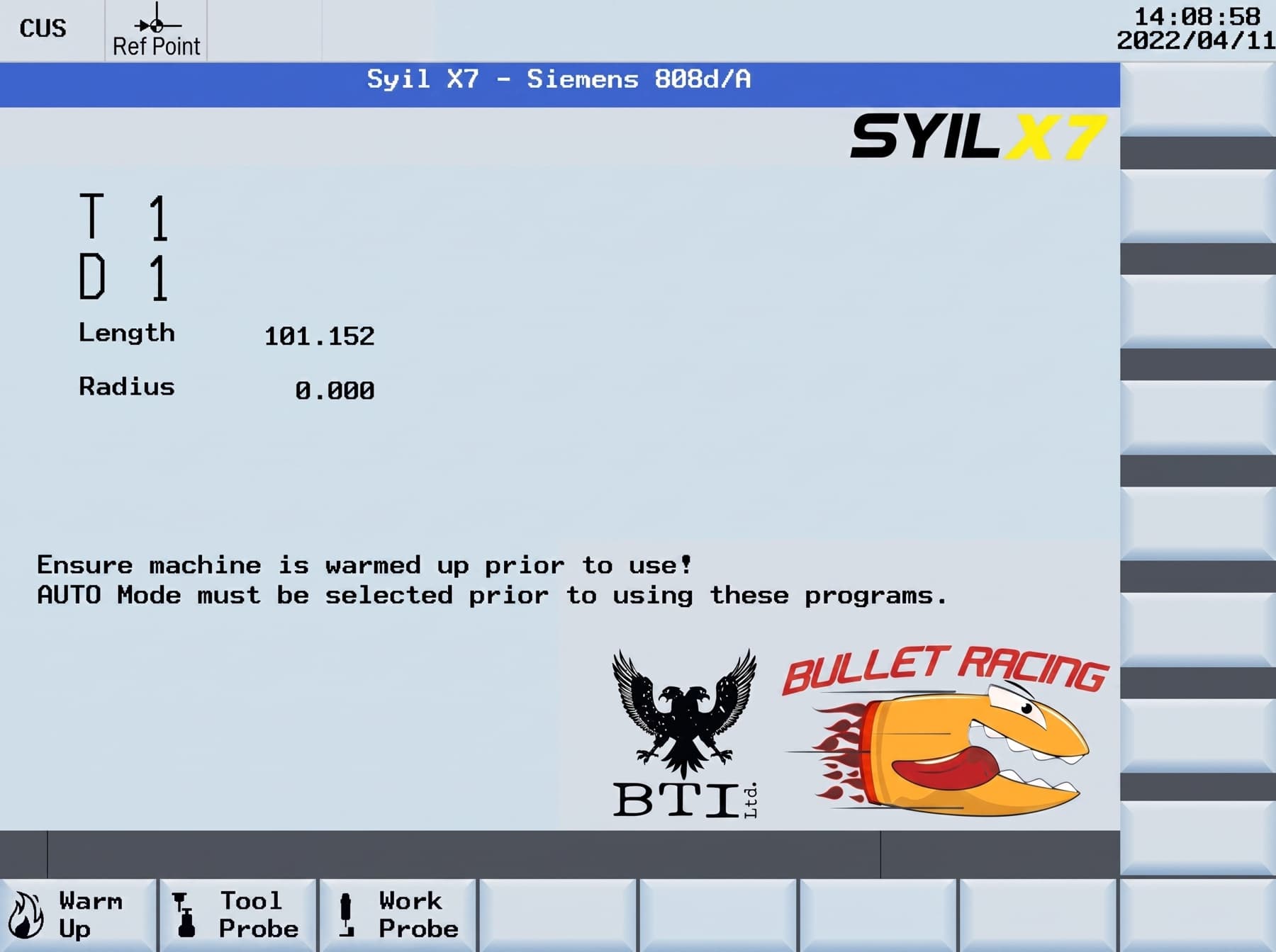 The Bullet Racing custom home screen on a Syil X7 with Siemens 808D/A control